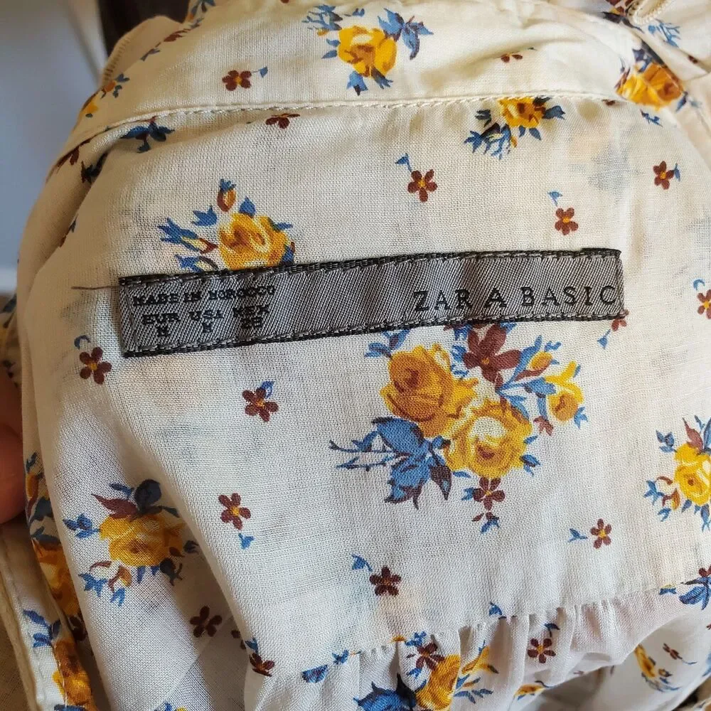 Zara Cottagecore Floral Button Up Top Puff Sleeve Ruffle Neck Size M Y2K Prairie